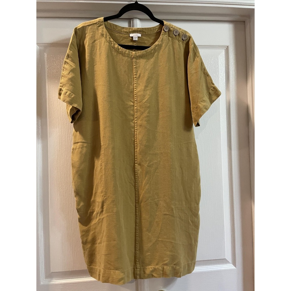 Pure Jill Dress Womens S Petite Yellow Tencel Short Sleeve Shift Pockets Button